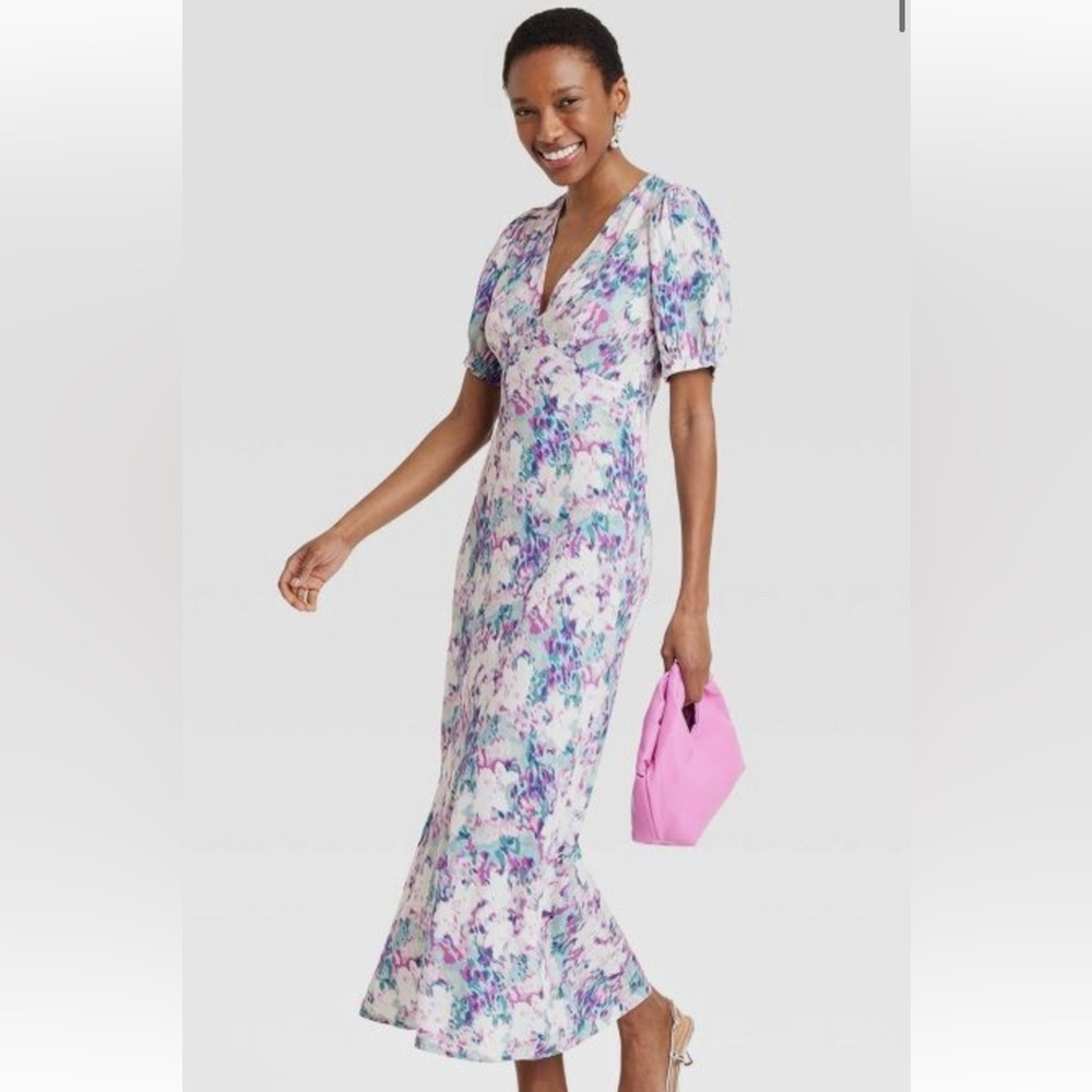 Crepe puff sleeve midi dress